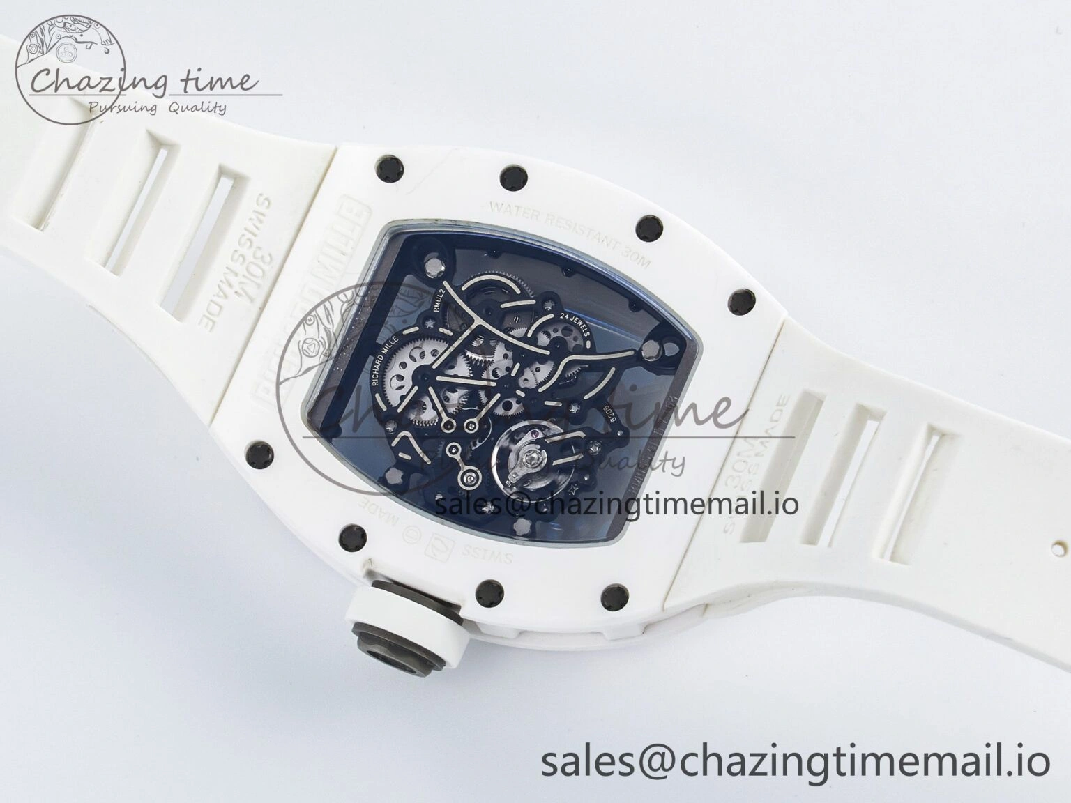 Unique Custom RM055 White Ceramic PPMF 1:1 Best Edition Black Bezel White Crown on Rubber Strap Custom Vaucher Movement 9267