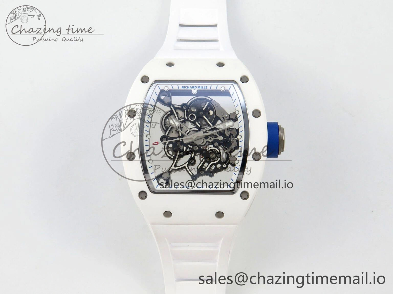 Custom RM055 White Ceramic ZGF Best Edition White Inner Bezel on White Rubber Strap Vaucher Manufacture Fleurier Movement (Free Sprung) Sleek 9134