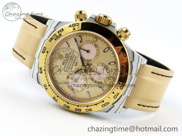 DAYTONA DIW WHITE CARBON CASE YG BEZEL NOOB BEST EDITION BEIGE DIAL ON BEIGE NYLON STRAP SA SmoothTexture 1830