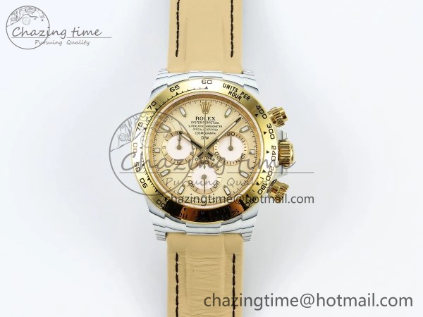 DAYTONA DIW WHITE CARBON CASE YG BEZEL NOOB BEST EDITION BEIGE DIAL ON BEIGE NYLON STRAP SA SmoothTexture 1830
