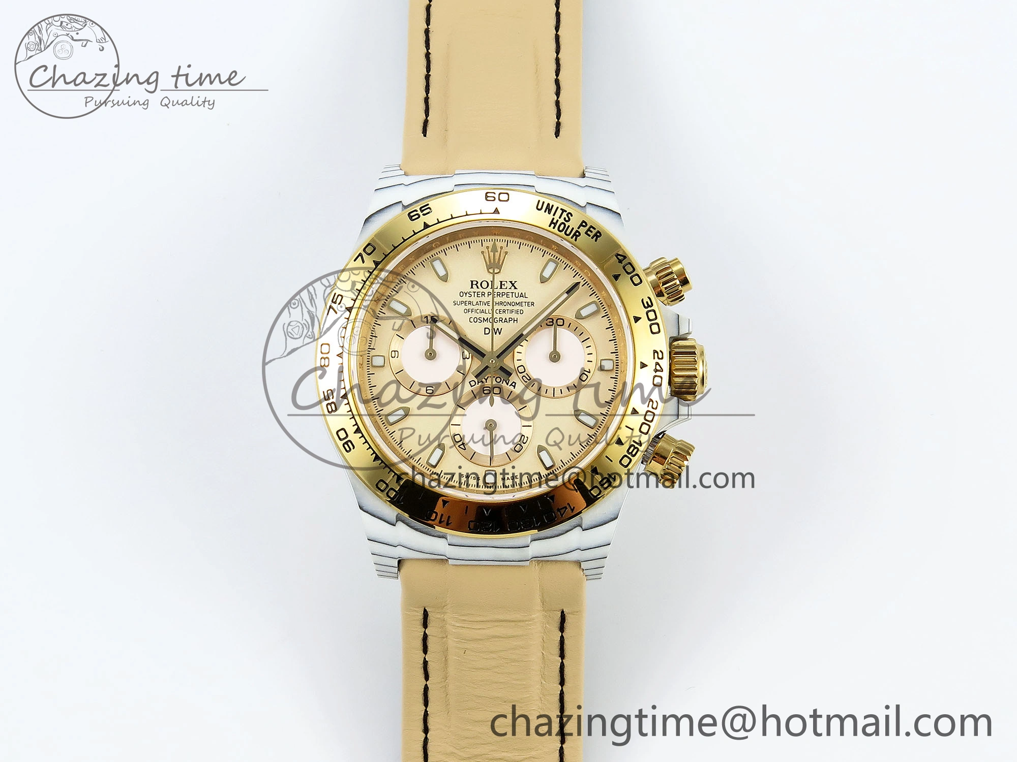 DAYTONA DIW WHITE CARBON CASE YG BEZEL NOOB BEST EDITION BEIGE DIAL ON BEIGE NYLON STRAP SA SmoothTexture 1830