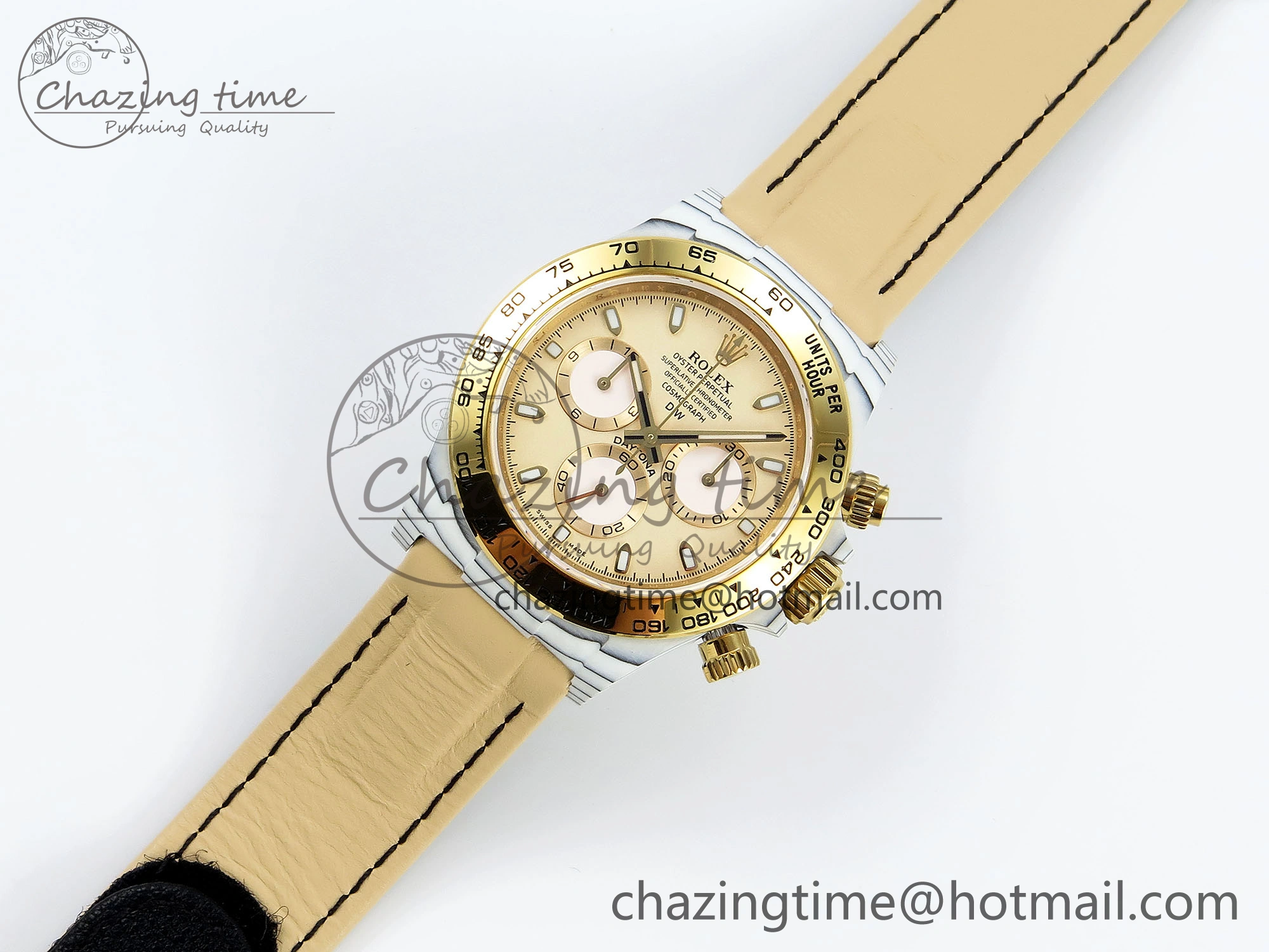 DAYTONA DIW WHITE CARBON CASE YG BEZEL NOOB BEST EDITION BEIGE DIAL ON BEIGE NYLON STRAP SA SmoothTexture 1830