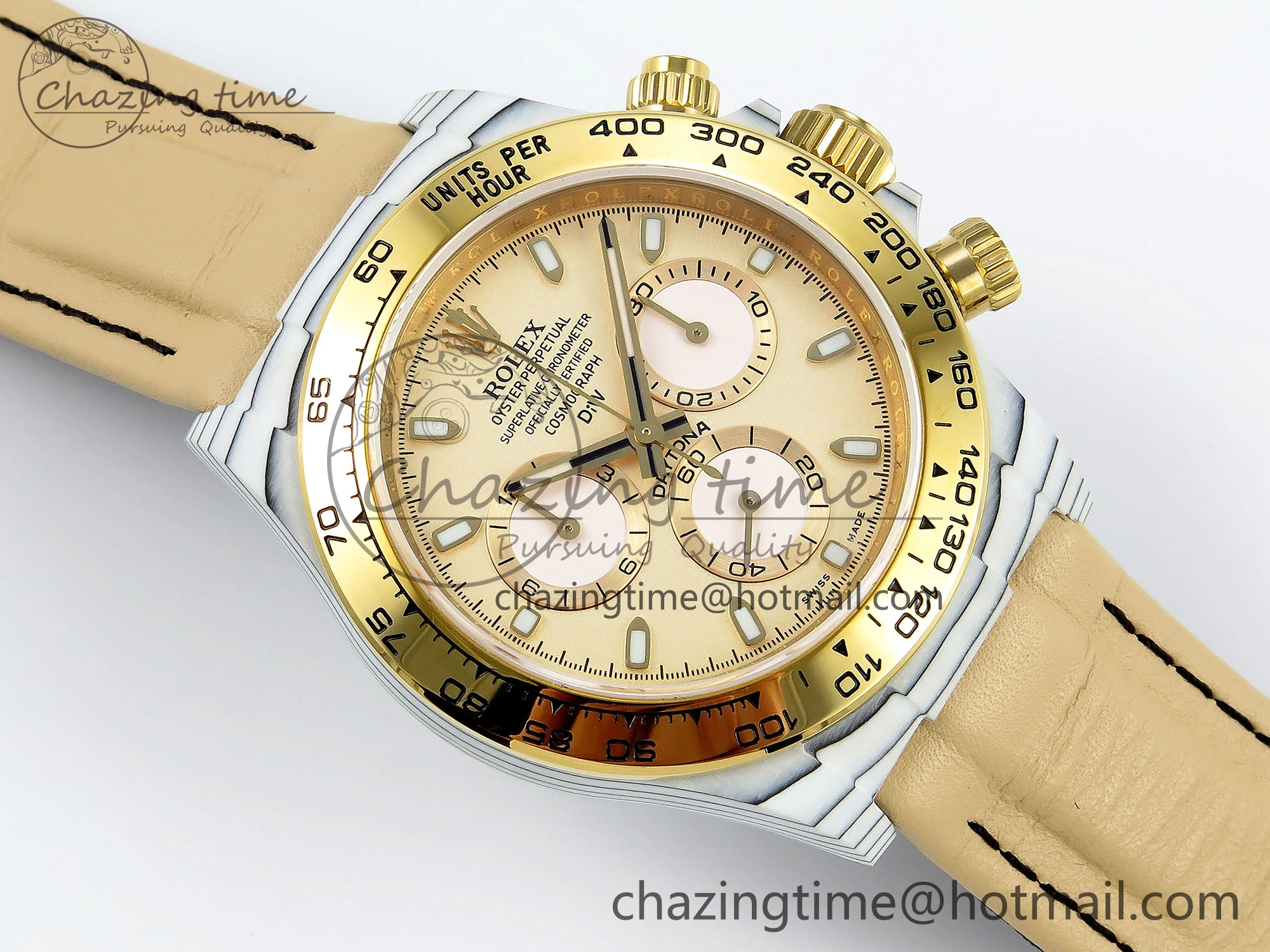 DAYTONA DIW WHITE CARBON CASE YG BEZEL NOOB BEST EDITION BEIGE DIAL ON BEIGE NYLON STRAP SA SmoothTexture 1830