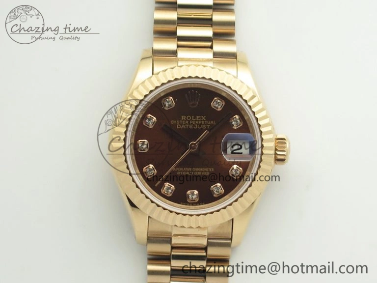 Sleek DateJust 28mm RG BP Maker Best Edition Brown Diam Dial Fluted Bezel On RG Bracelet ETA 3441