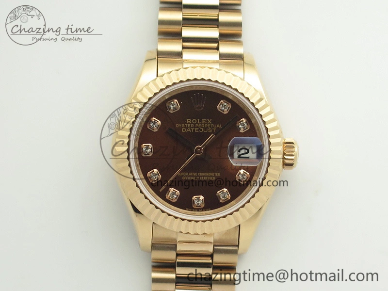 Sleek DateJust 28mm RG BP Maker Best Edition Brown Diam Dial Fluted Bezel On RG Bracelet ETA 3441