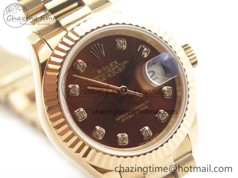 Sleek DateJust 28mm RG BP Maker Best Edition Brown Diam Dial Fluted Bezel On RG Bracelet ETA 3441