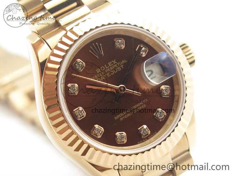 Sleek DateJust 28mm RG BP Maker Best Edition Brown Diam Dial Fluted Bezel On RG Bracelet ETA 3441