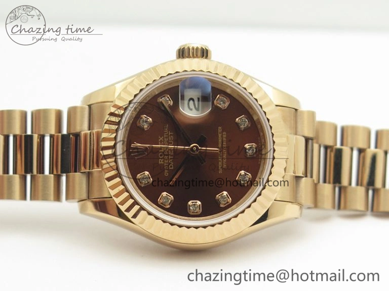 Sleek DateJust 28mm RG BP Maker Best Edition Brown Diam Dial Fluted Bezel On RG Bracelet ETA 3441