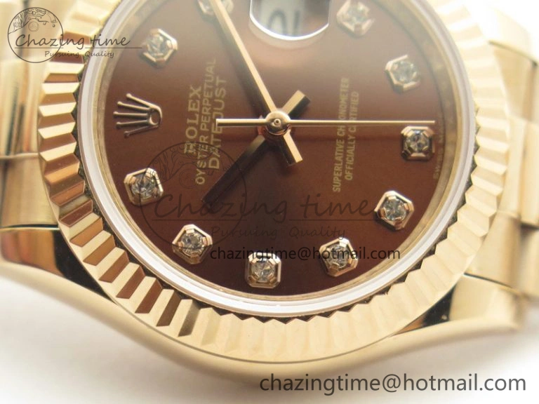 Sleek DateJust 28mm RG BP Maker Best Edition Brown Diam Dial Fluted Bezel On RG Bracelet ETA 3441