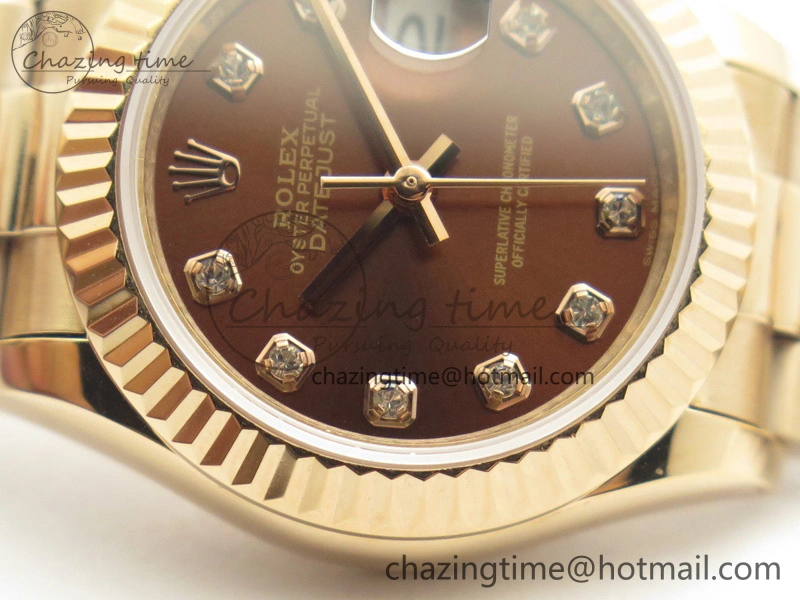 Sleek DateJust 28mm RG BP Maker Best Edition Brown Diam Dial Fluted Bezel On RG Bracelet ETA 3441