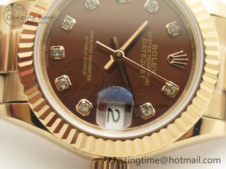 Sleek DateJust 28mm RG BP Maker Best Edition Brown Diam Dial Fluted Bezel On RG Bracelet ETA 3441
