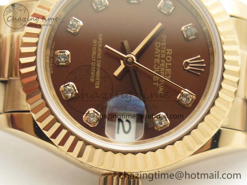 Sleek DateJust 28mm RG BP Maker Best Edition Brown Diam Dial Fluted Bezel On RG Bracelet ETA 3441