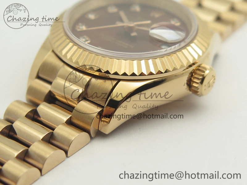 Sleek DateJust 28mm RG BP Maker Best Edition Brown Diam Dial Fluted Bezel On RG Bracelet ETA 3441