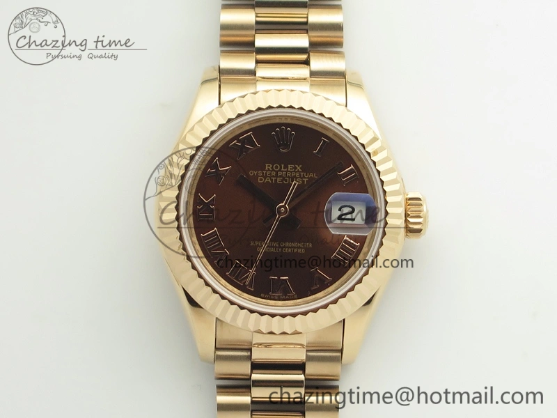 Practical DateJust 28mm RG BP Maker Best Edition Brown Roman Dial Fluted Bezel On RG Bracelet ETA 3442