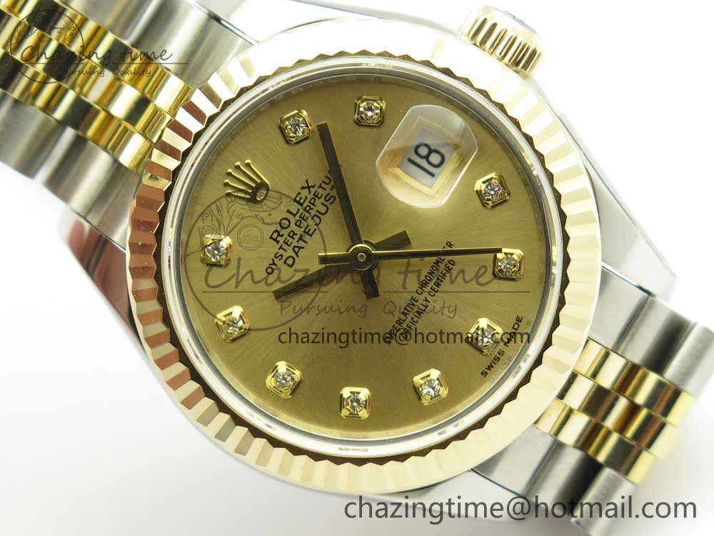 DateJust 28mm Wrapped SS YG Best Edition Gold Dial Crystal Markers on Wrapped SS YG Bracelet ETA Tailored 3344