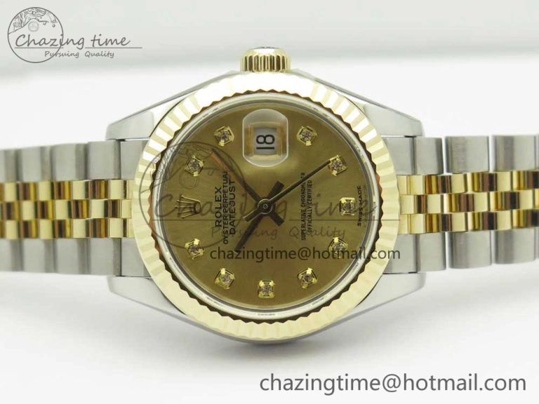 DateJust 28mm Wrapped SS YG Best Edition Gold Dial Crystal Markers on Wrapped SS YG Bracelet ETA Tailored 3344