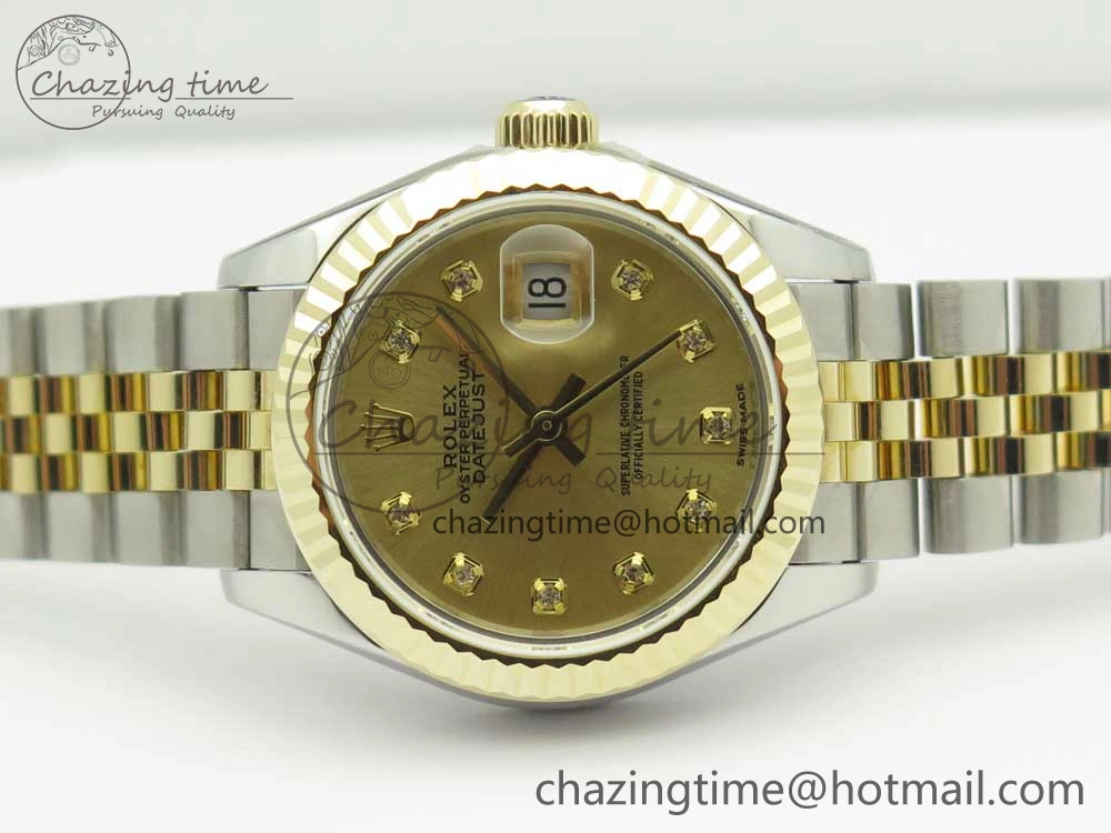 DateJust 28mm Wrapped SS YG Best Edition Gold Dial Crystal Markers on Wrapped SS YG Bracelet ETA Tailored 3344
