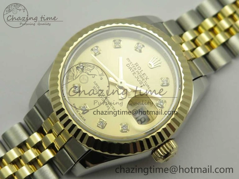 DateJust 28mm Wrapped SS YG Best Edition Gold Dial Crystal Markers on Wrapped SS YG Bracelet ETA Tailored 3344
