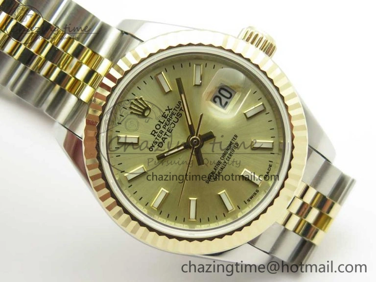WellDesigned DateJust 28mm Wrapped SS YG Best Edition Gold Dial Sticks Markers on Wrapped SS YG Bracelet ETA 10665