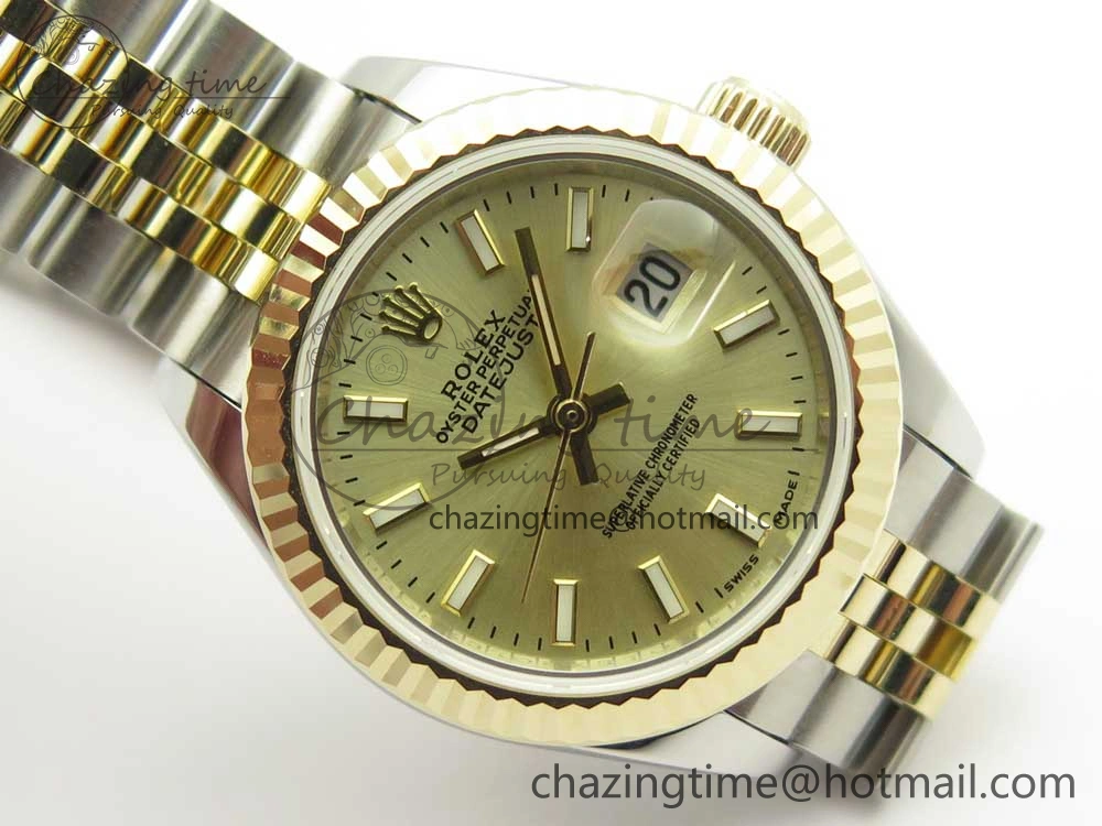 WellDesigned DateJust 28mm Wrapped SS YG Best Edition Gold Dial Sticks Markers on Wrapped SS YG Bracelet ETA 10665