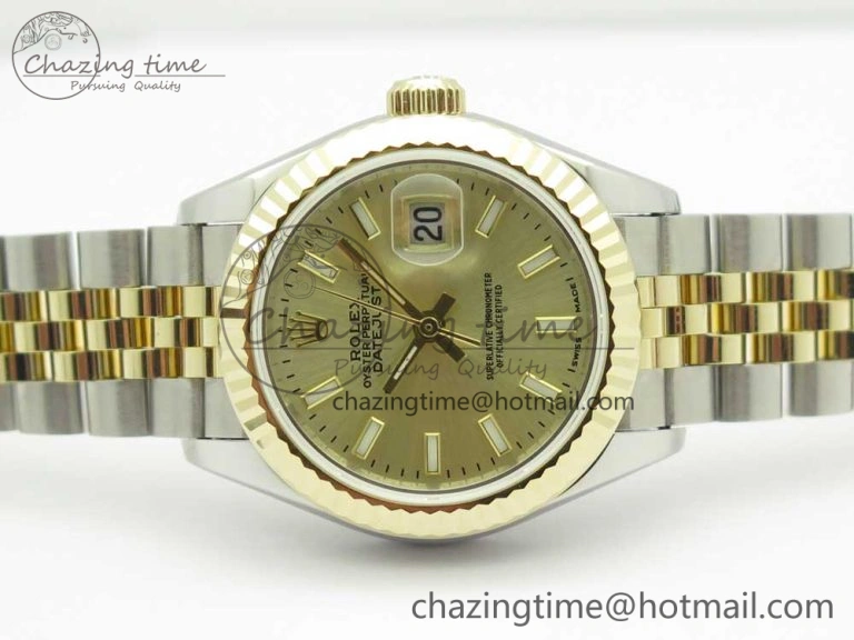 WellDesigned DateJust 28mm Wrapped SS YG Best Edition Gold Dial Sticks Markers on Wrapped SS YG Bracelet ETA 10665