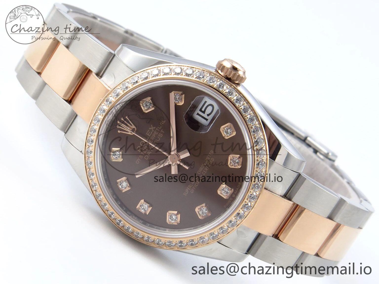 EyeCatching DateJust 31 278381RBR ARF 1:1 Best Edition 904L Steel Brown Diamonds Dial Diamonds Bezel on SS RG Oyster Bracelet ETA 373