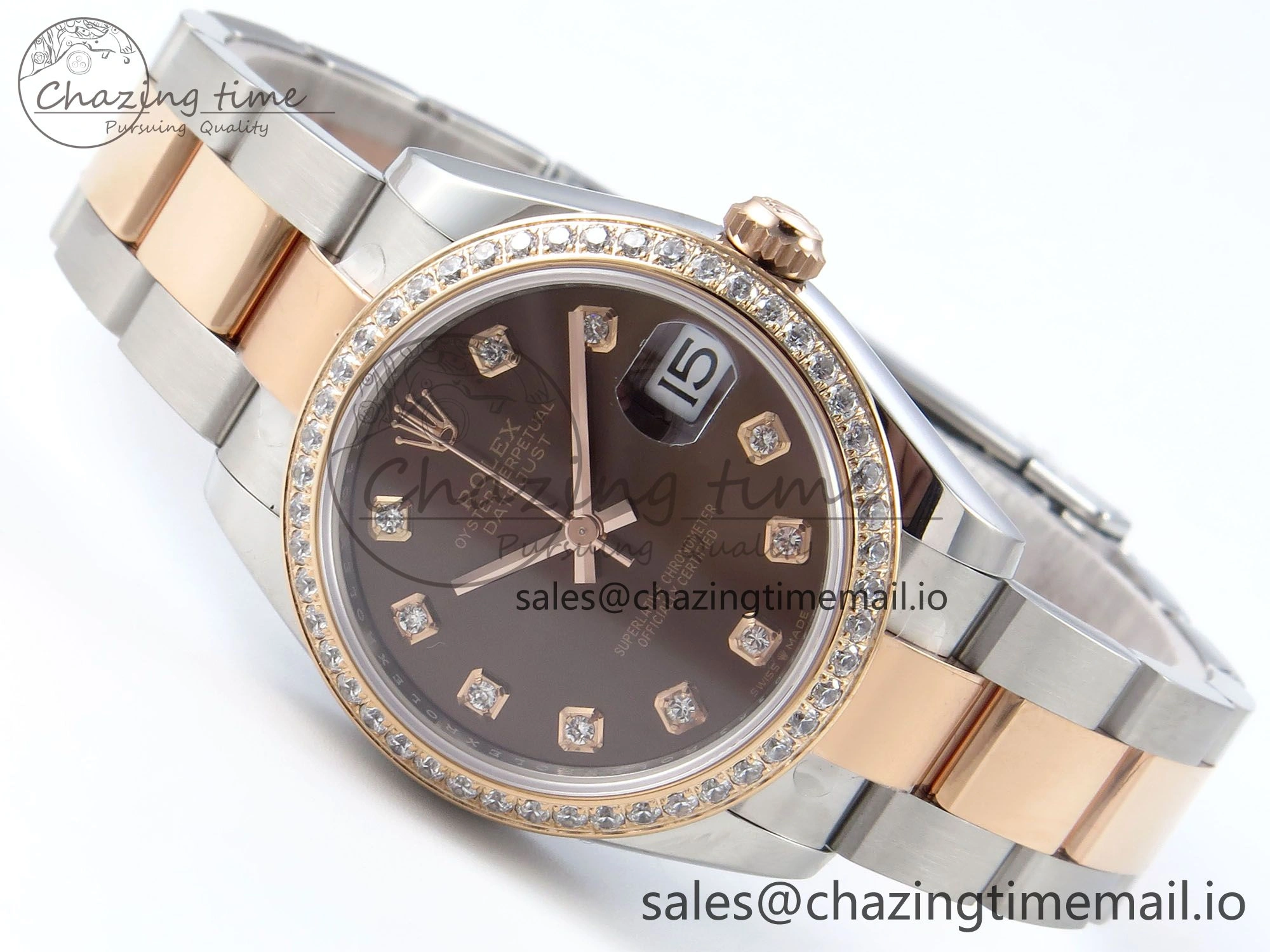 EyeCatching DateJust 31 278381RBR ARF 1:1 Best Edition 904L Steel Brown Diamonds Dial Diamonds Bezel on SS RG Oyster Bracelet ETA 373