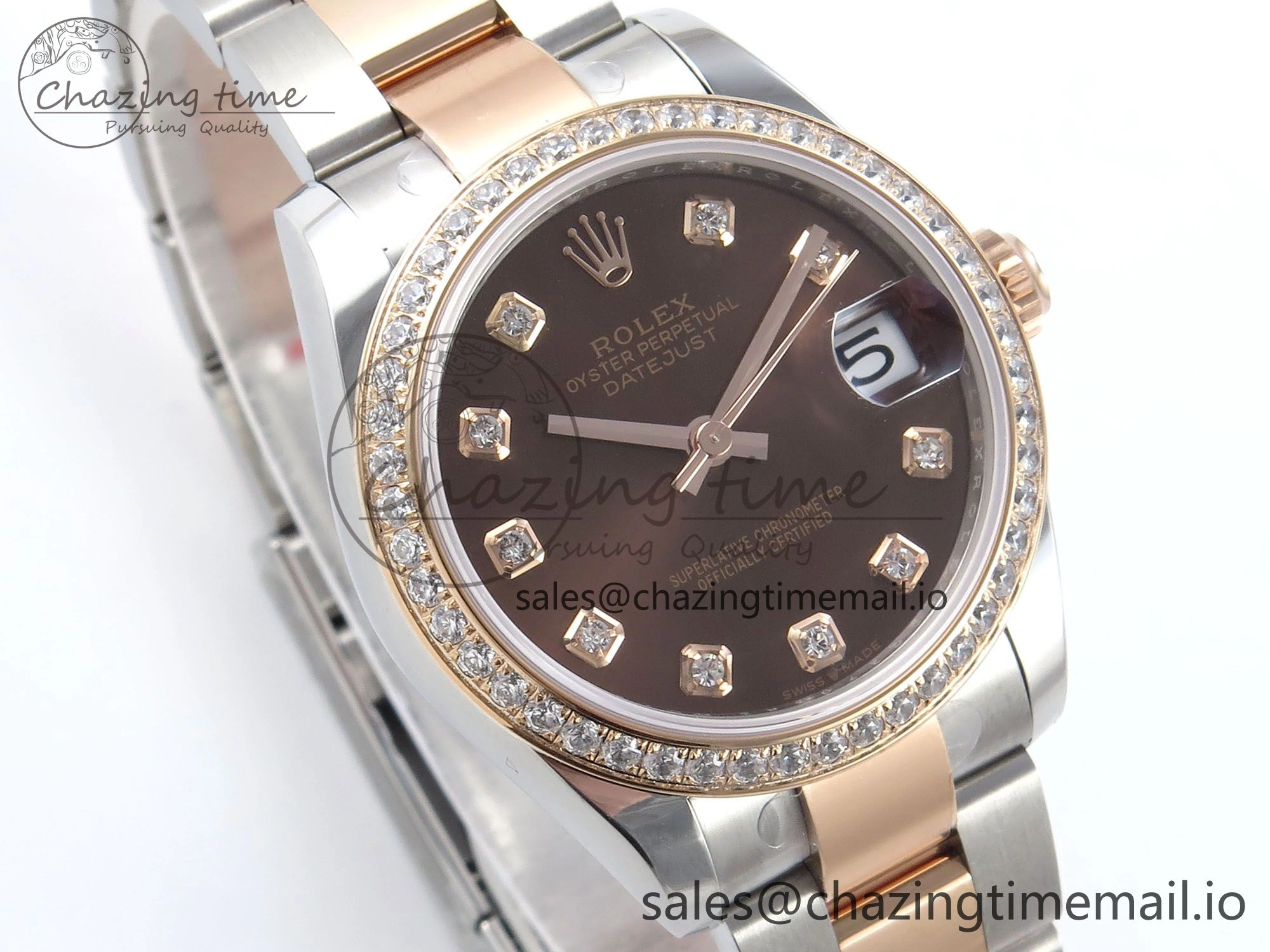 EyeCatching DateJust 31 278381RBR ARF 1:1 Best Edition 904L Steel Brown Diamonds Dial Diamonds Bezel on SS RG Oyster Bracelet ETA 373