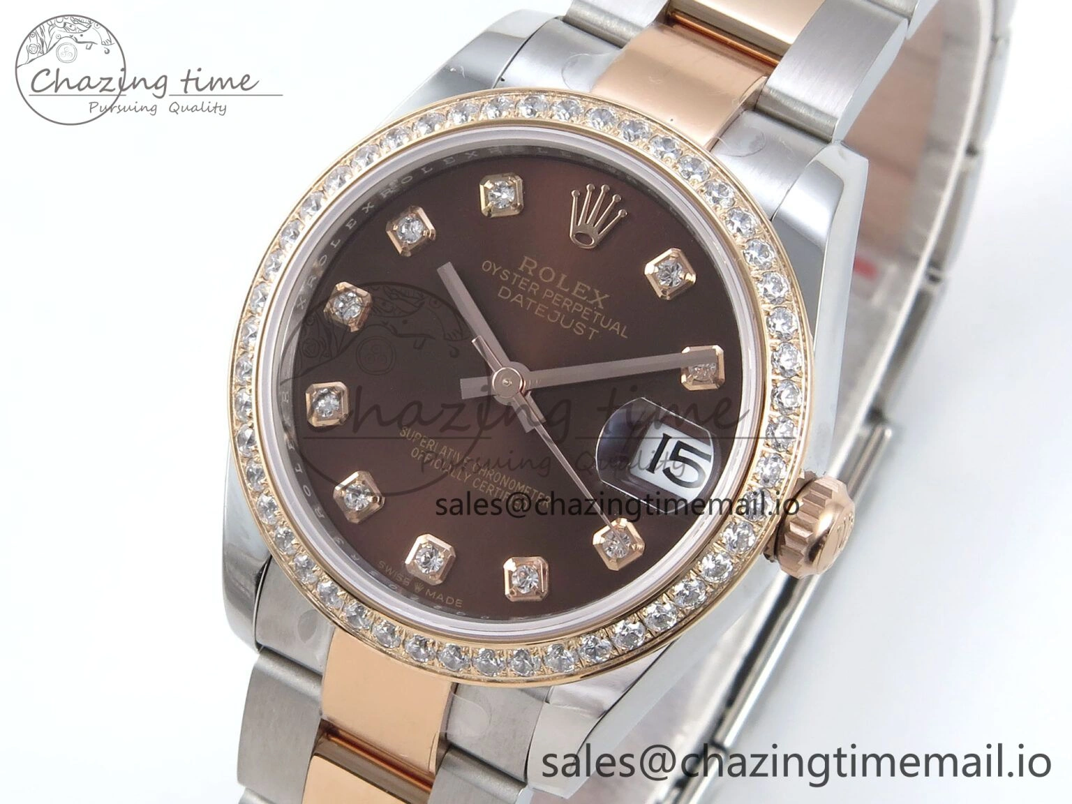 EyeCatching DateJust 31 278381RBR ARF 1:1 Best Edition 904L Steel Brown Diamonds Dial Diamonds Bezel on SS RG Oyster Bracelet ETA 373