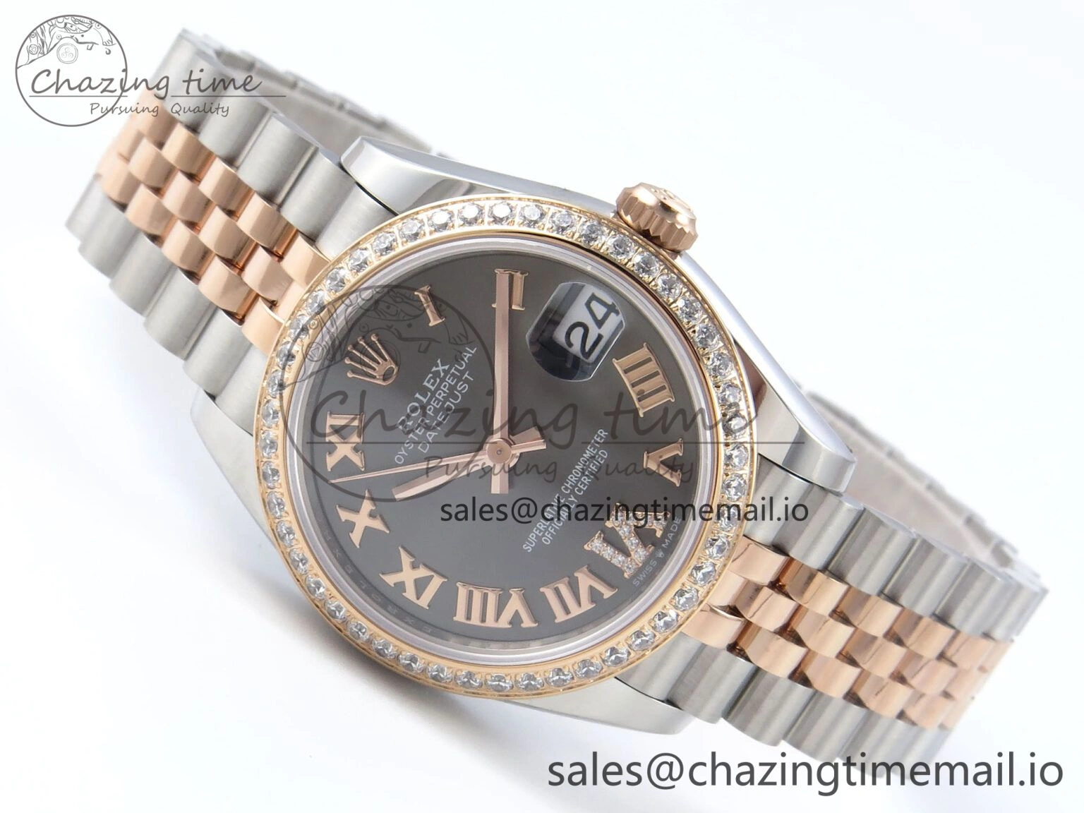DateJust 31 278381RBR ARF 1:1 Best Edition 904L Steel Gray Roman Diamonds Dial Diamonds Bezel on SS RG Jubilee Bracelet ETA Compact 386
