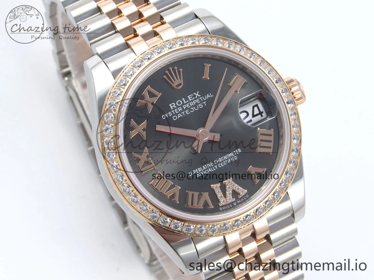 DateJust 31 278381RBR ARF 1:1 Best Edition 904L Steel Gray Roman Diamonds Dial Diamonds Bezel on SS RG Jubilee Bracelet ETA Compact 386
