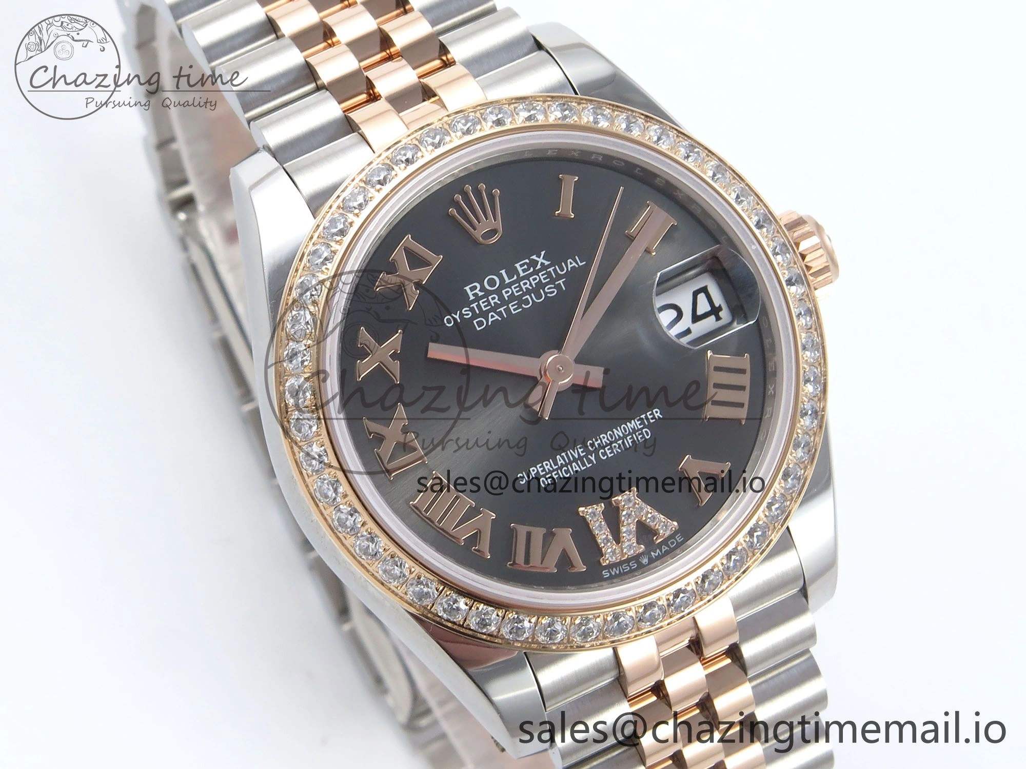 DateJust 31 278381RBR ARF 1:1 Best Edition 904L Steel Gray Roman Diamonds Dial Diamonds Bezel on SS RG Jubilee Bracelet ETA Compact 386