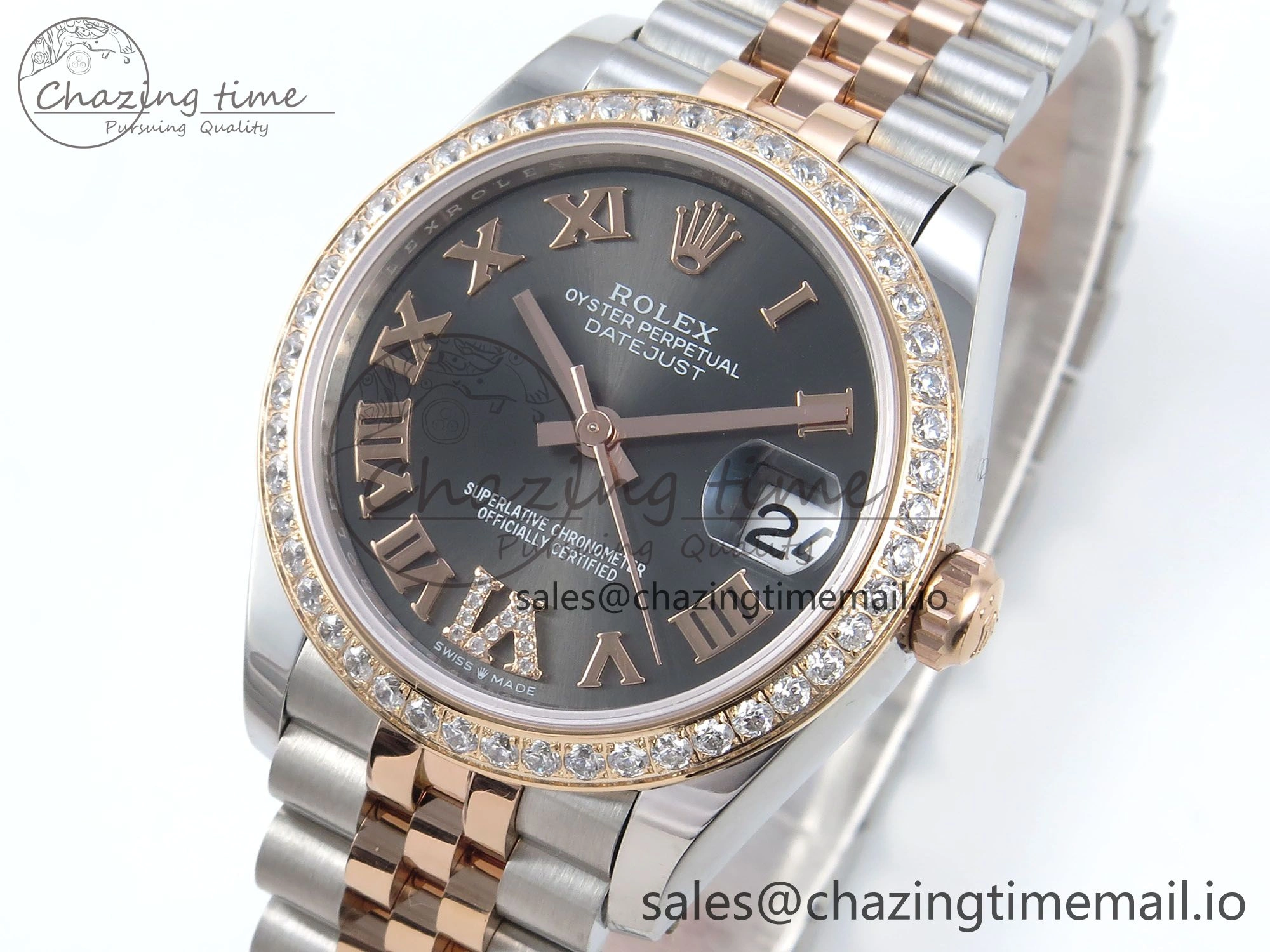 DateJust 31 278381RBR ARF 1:1 Best Edition 904L Steel Gray Roman Diamonds Dial Diamonds Bezel on SS RG Jubilee Bracelet ETA Compact 386