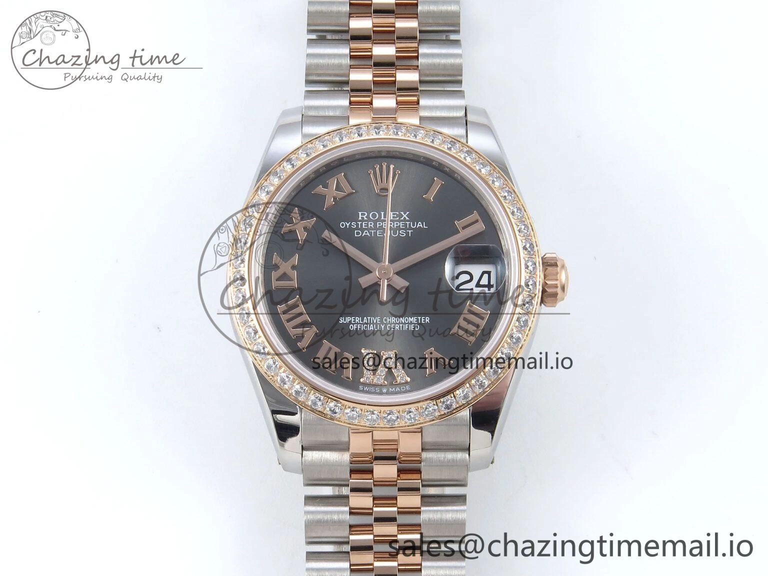 DateJust 31 278381RBR ARF 1:1 Best Edition 904L Steel Gray Roman Diamonds Dial Diamonds Bezel on SS RG Jubilee Bracelet ETA Compact 386