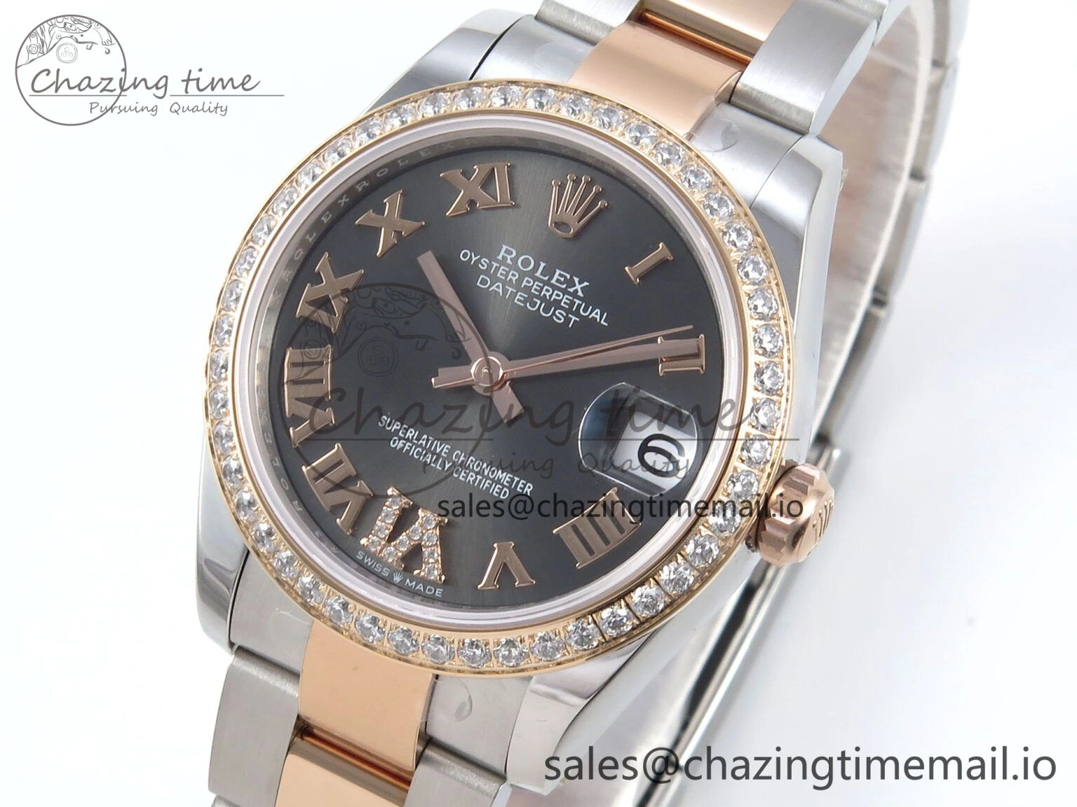 DateJust 31 278381RBR ARF 1:1 Best Edition 904L Steel Gray Roman Diamonds Dial Diamonds Bezel on SS RG Oyster Bracelet ETA AllSeason 375