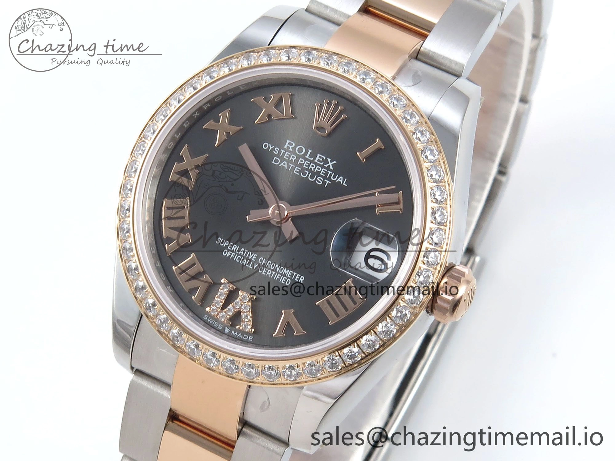 DateJust 31 278381RBR ARF 1:1 Best Edition 904L Steel Gray Roman Diamonds Dial Diamonds Bezel on SS RG Oyster Bracelet ETA AllSeason 375