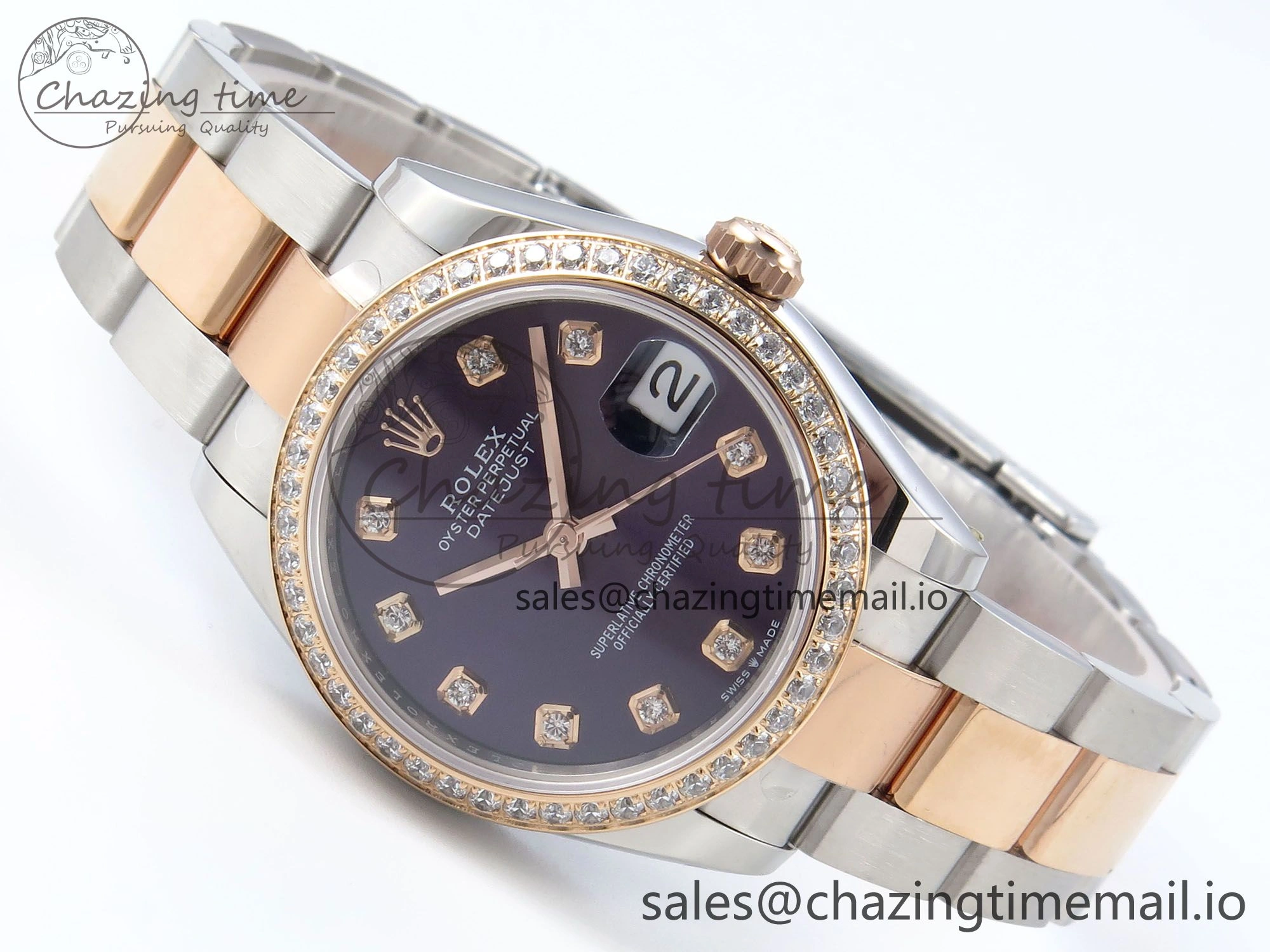 Durable DateJust 31 278381RBR ARF 1:1 Best Edition 904L Steel Purple Diamonds Dial Diamonds Bezel on SS RG Oyster Bracelet ETA 379