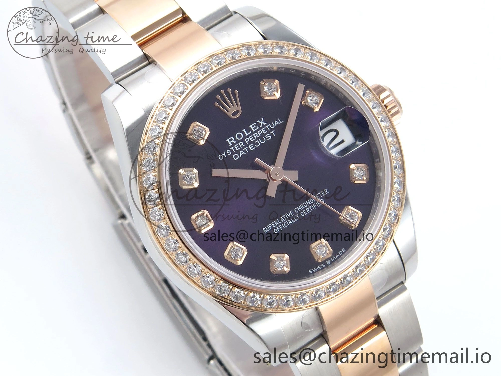 Durable DateJust 31 278381RBR ARF 1:1 Best Edition 904L Steel Purple Diamonds Dial Diamonds Bezel on SS RG Oyster Bracelet ETA 379