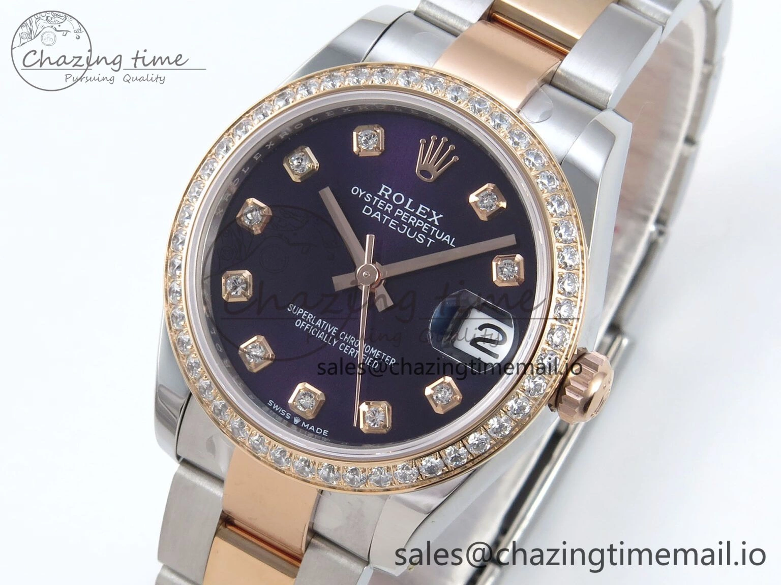 Durable DateJust 31 278381RBR ARF 1:1 Best Edition 904L Steel Purple Diamonds Dial Diamonds Bezel on SS RG Oyster Bracelet ETA 379
