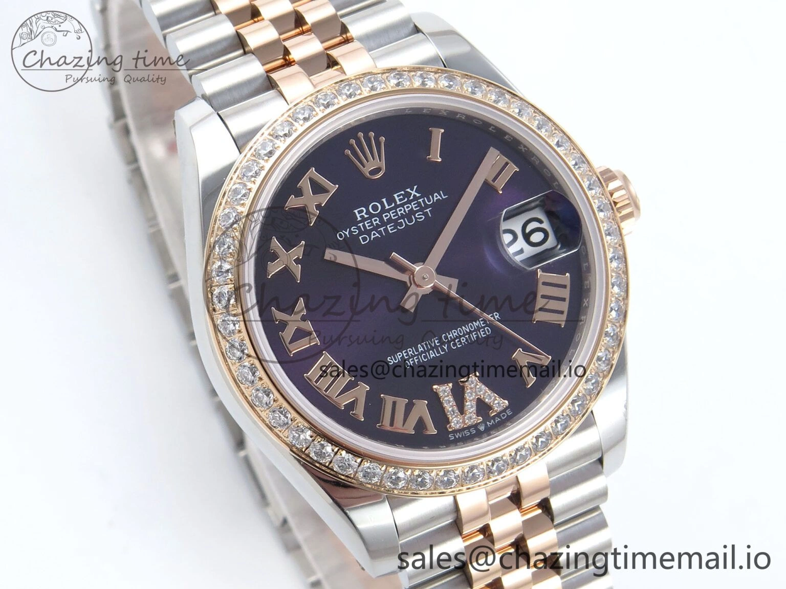DateJust 31 278381RBR ARF 1:1 Best Edition 904L Steel Purple Roman Diamonds Dial Diamonds Bezel on SS RG Jubilee Bracelet ETA Affordable 389