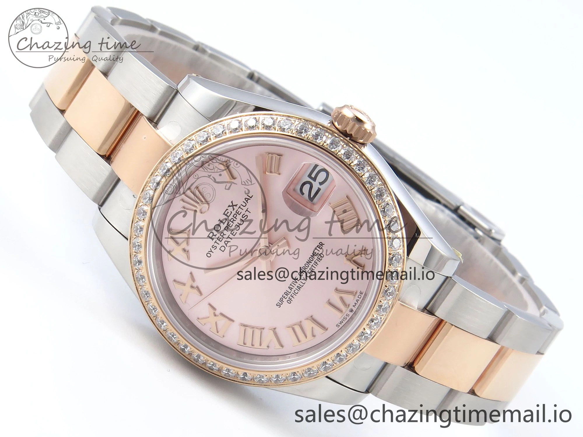 Casual DateJust 31 278381RBR ARF 1:1 Best Edition 904L Steel RG Roman Dial Diamonds Bezel on SS RG Oyster Bracelet ETA 382