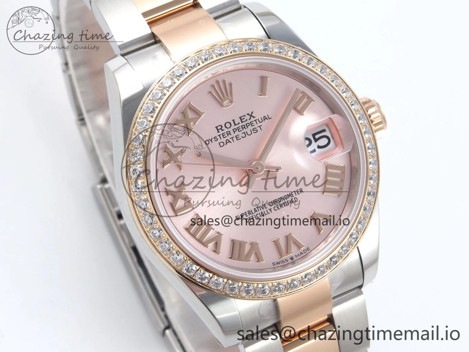 Casual DateJust 31 278381RBR ARF 1:1 Best Edition 904L Steel RG Roman Dial Diamonds Bezel on SS RG Oyster Bracelet ETA 382