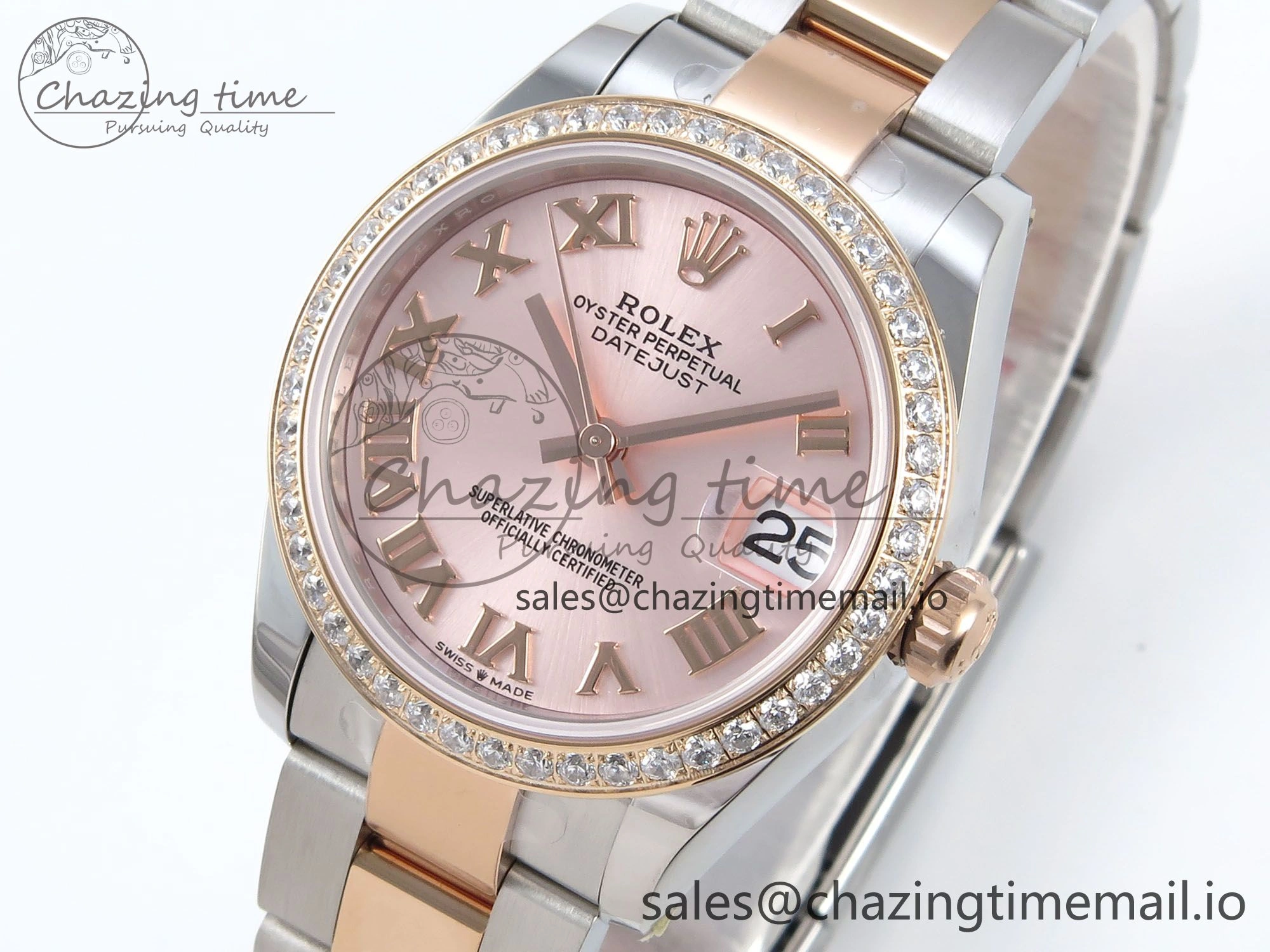 Casual DateJust 31 278381RBR ARF 1:1 Best Edition 904L Steel RG Roman Dial Diamonds Bezel on SS RG Oyster Bracelet ETA 382