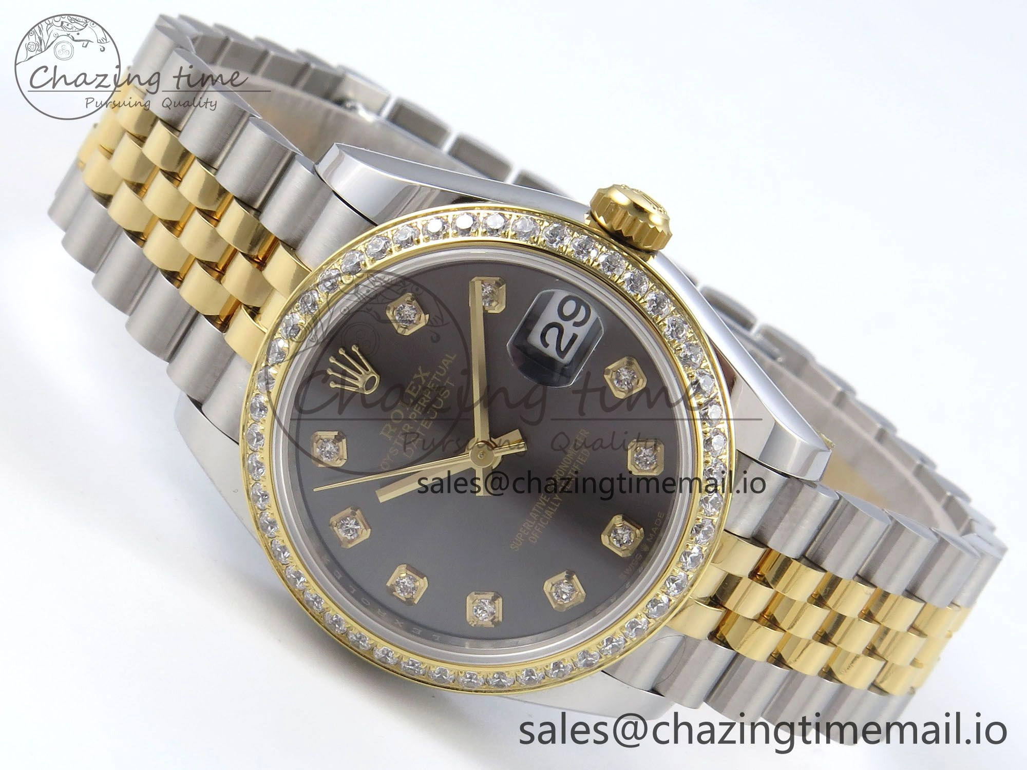 Supportive DateJust 31 278383RBR ARF 1:1 Best Edition 904L Steel Gray Diamonds Dial Diamonds Bezel on SS YG Jubilee Bracelet ETA 411