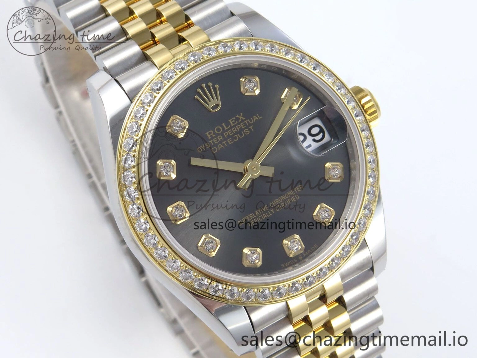 Supportive DateJust 31 278383RBR ARF 1:1 Best Edition 904L Steel Gray Diamonds Dial Diamonds Bezel on SS YG Jubilee Bracelet ETA 411
