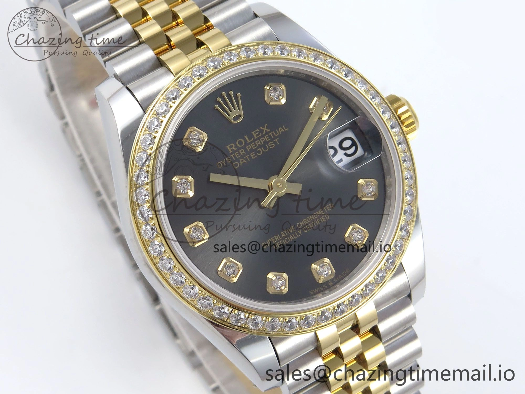 Supportive DateJust 31 278383RBR ARF 1:1 Best Edition 904L Steel Gray Diamonds Dial Diamonds Bezel on SS YG Jubilee Bracelet ETA 411
