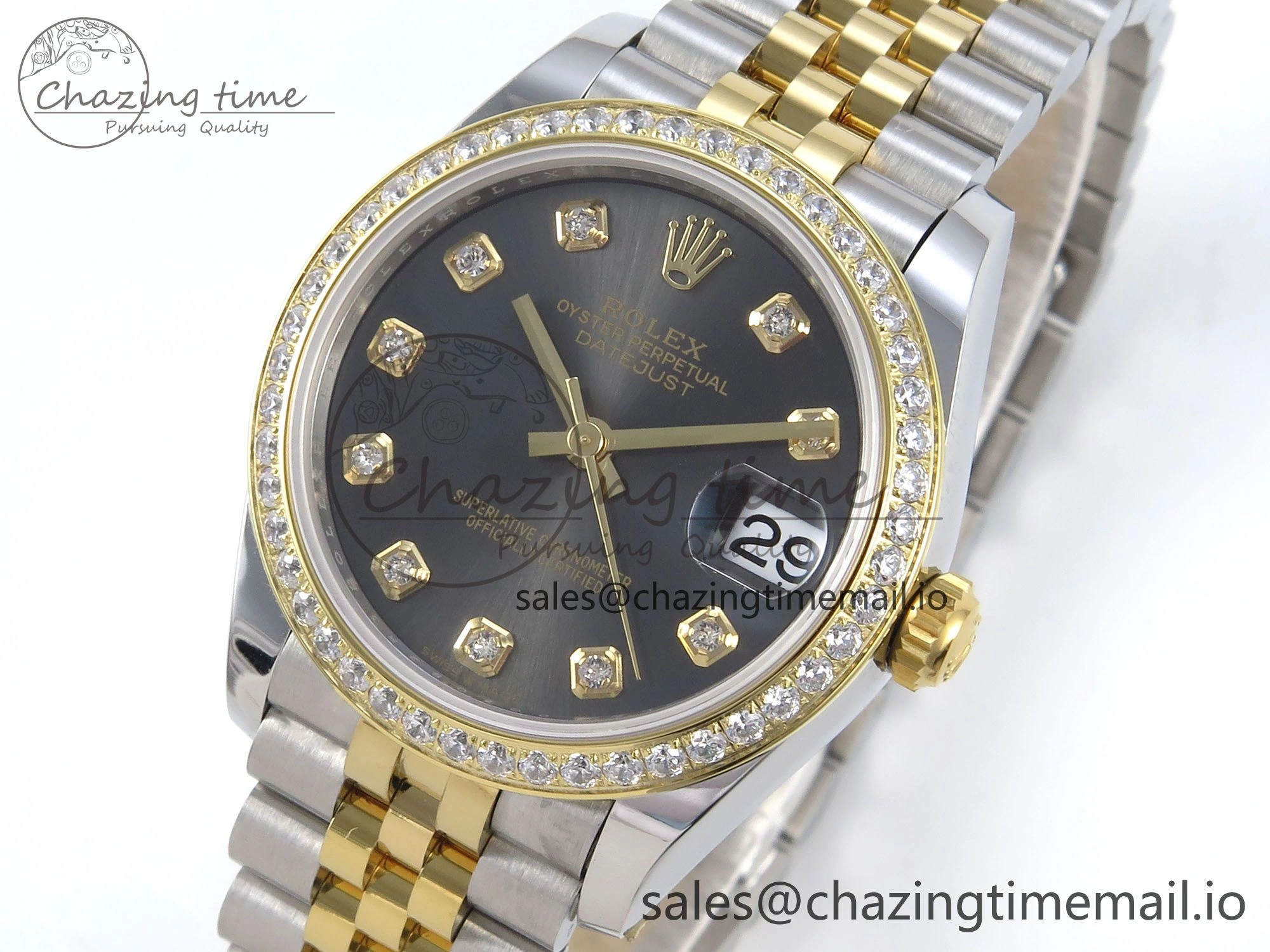 Supportive DateJust 31 278383RBR ARF 1:1 Best Edition 904L Steel Gray Diamonds Dial Diamonds Bezel on SS YG Jubilee Bracelet ETA 411