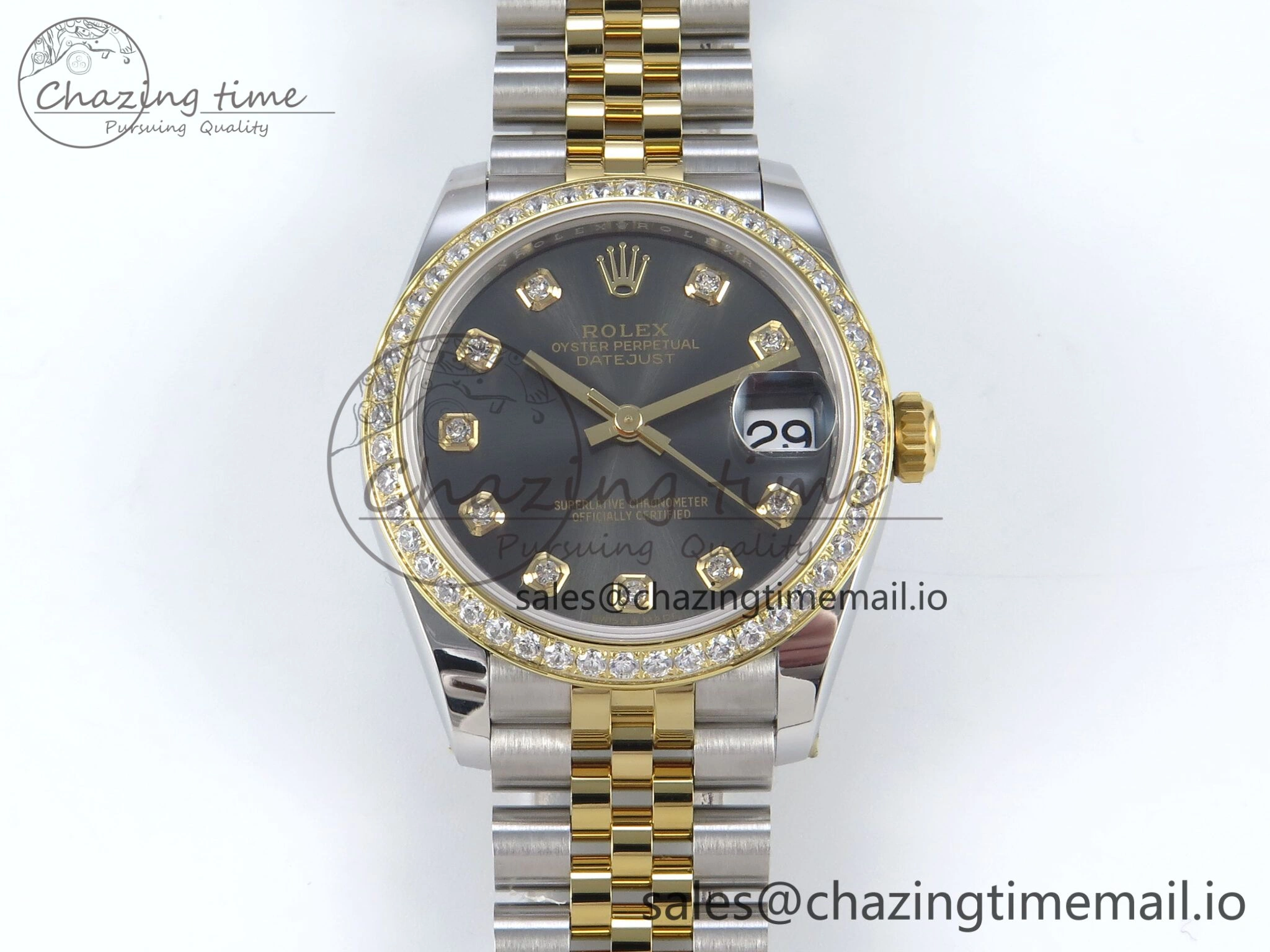 Supportive DateJust 31 278383RBR ARF 1:1 Best Edition 904L Steel Gray Diamonds Dial Diamonds Bezel on SS YG Jubilee Bracelet ETA 411