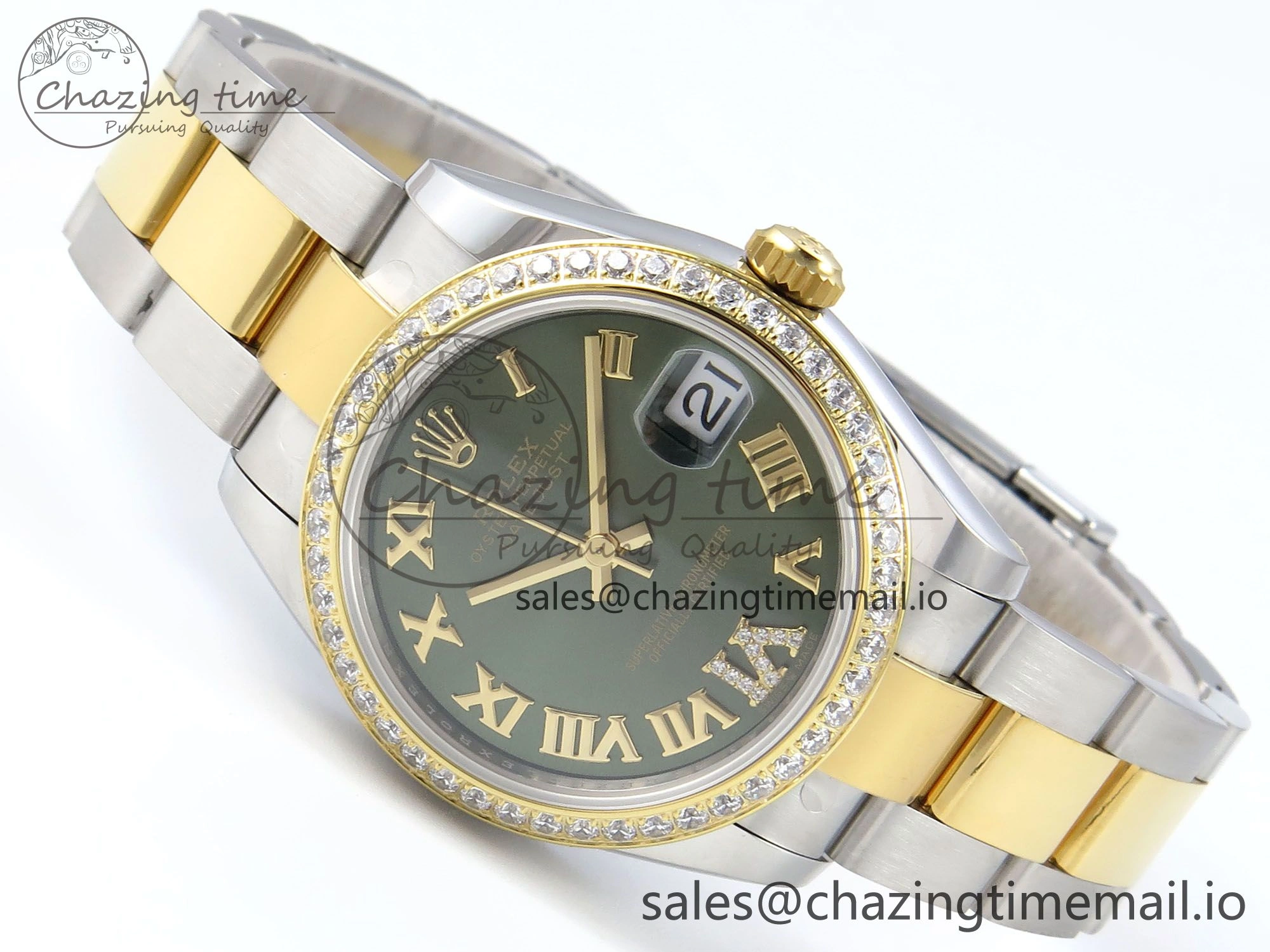 WrinkleFree DateJust 31 278383RBR ARF 1:1 Best Edition 904L Steel Green Roman Diamonds Dial Diamonds Bezel on SS YG Oyster Bracelet ETA 404