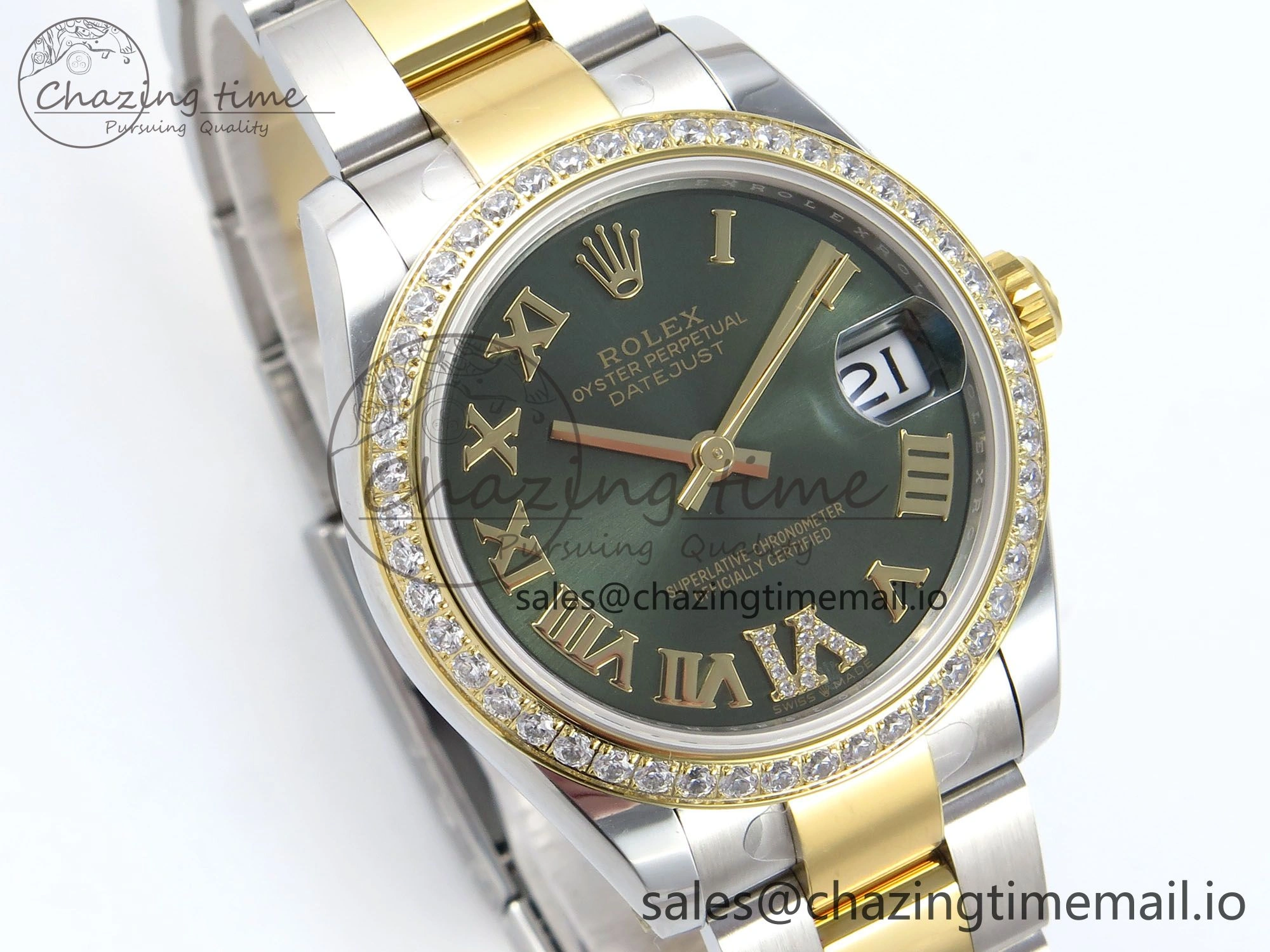 WrinkleFree DateJust 31 278383RBR ARF 1:1 Best Edition 904L Steel Green Roman Diamonds Dial Diamonds Bezel on SS YG Oyster Bracelet ETA 404
